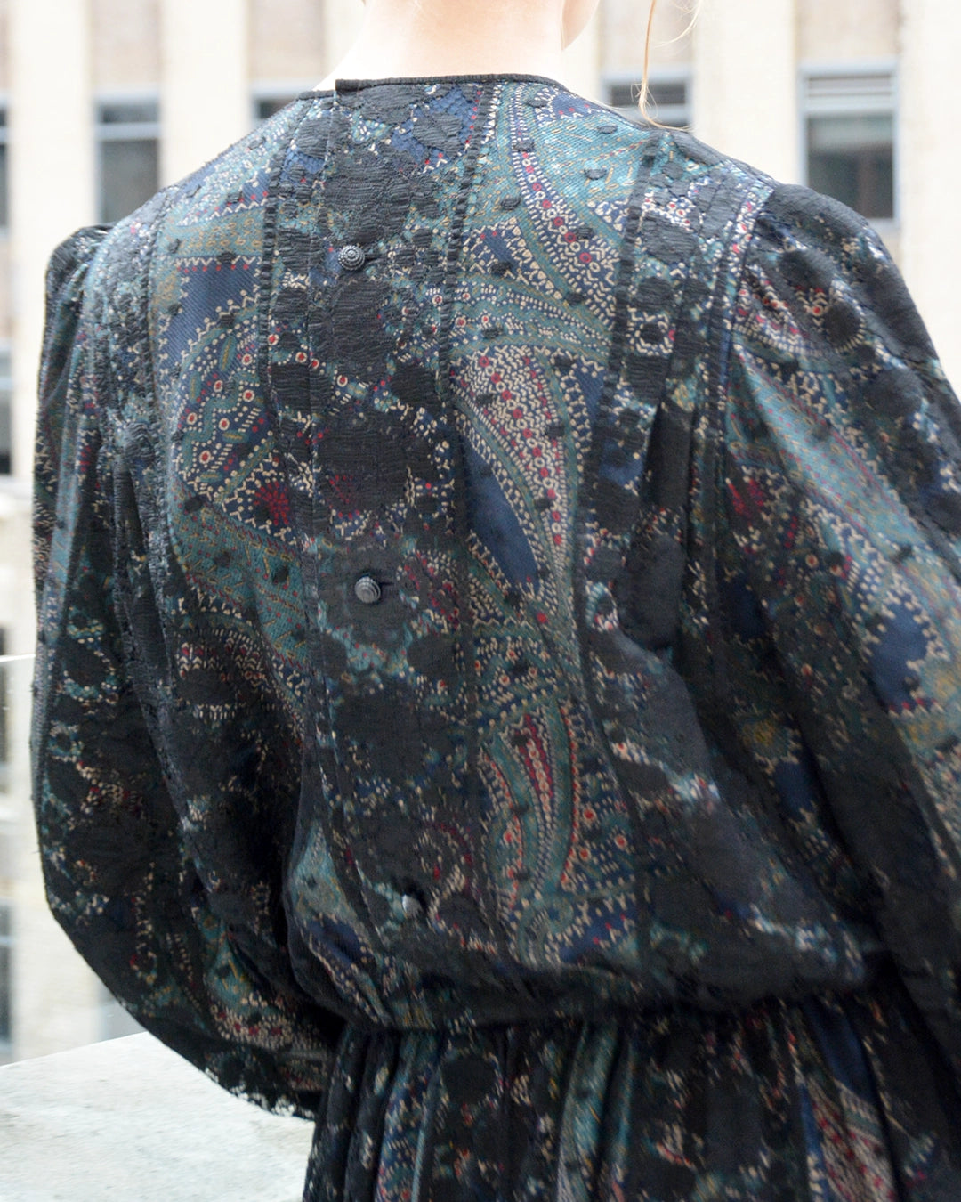 Vintage Galanos Paisley Silk Dress with Lace Overlay