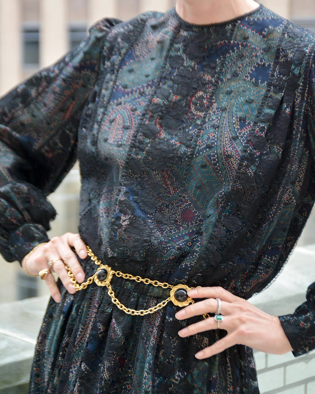 Vintage Galanos Paisley Silk Dress with Lace Overlay