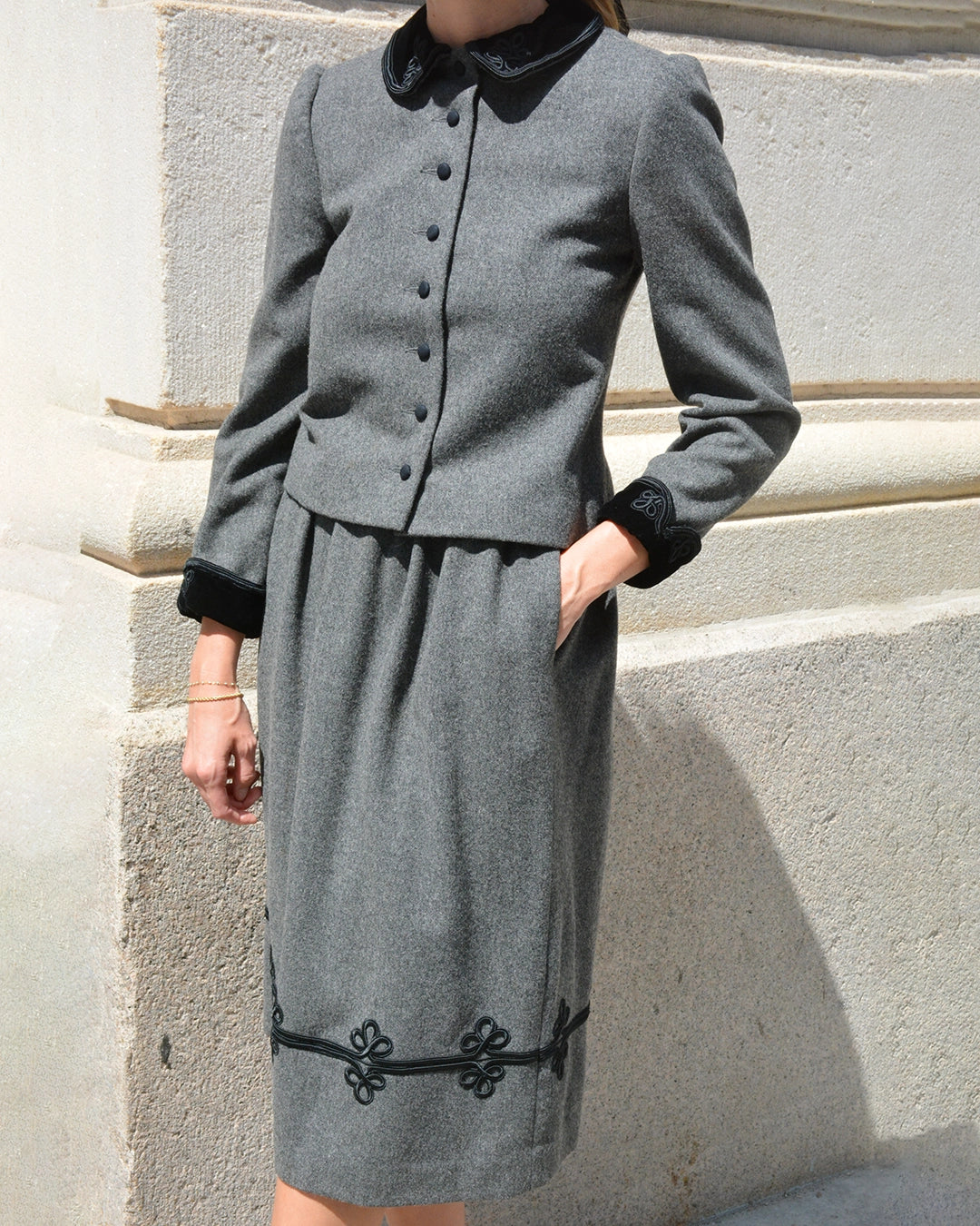 Vintage Gloria Sachs Flannel Wool Velvet-Trimmed Skirt Set