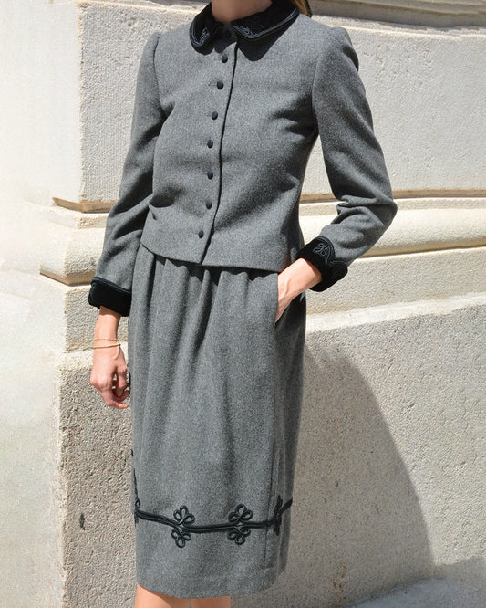 Vintage Gloria Sachs Flannel Wool Velvet-Trimmed Skirt Set