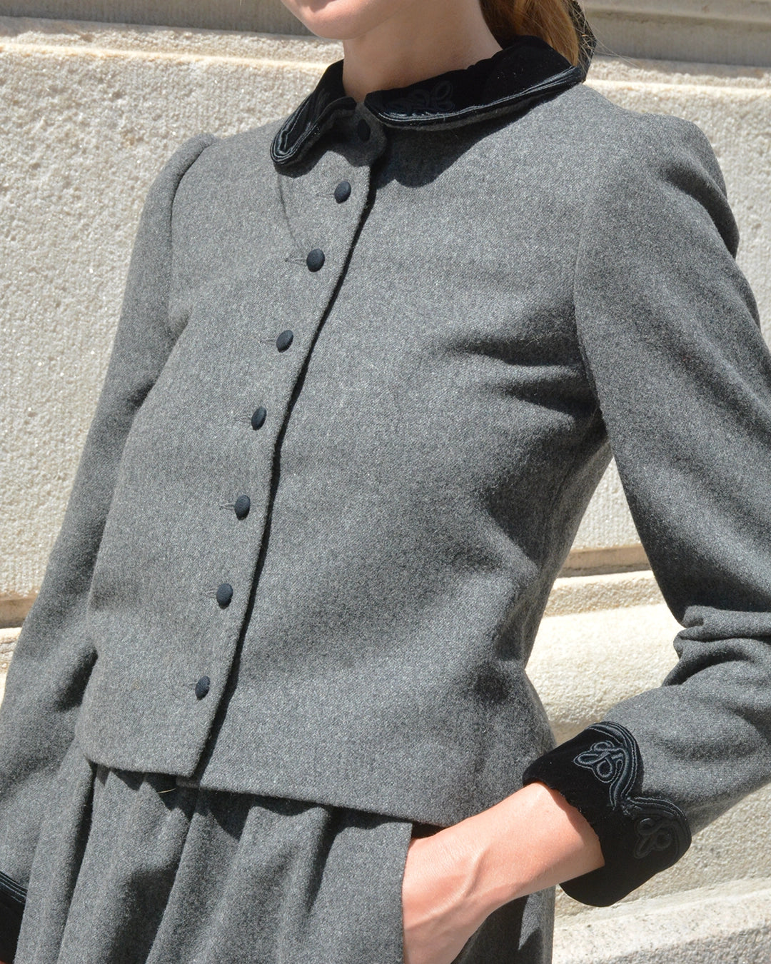 Vintage Gloria Sachs Flannel Wool Velvet-Trimmed Skirt Set