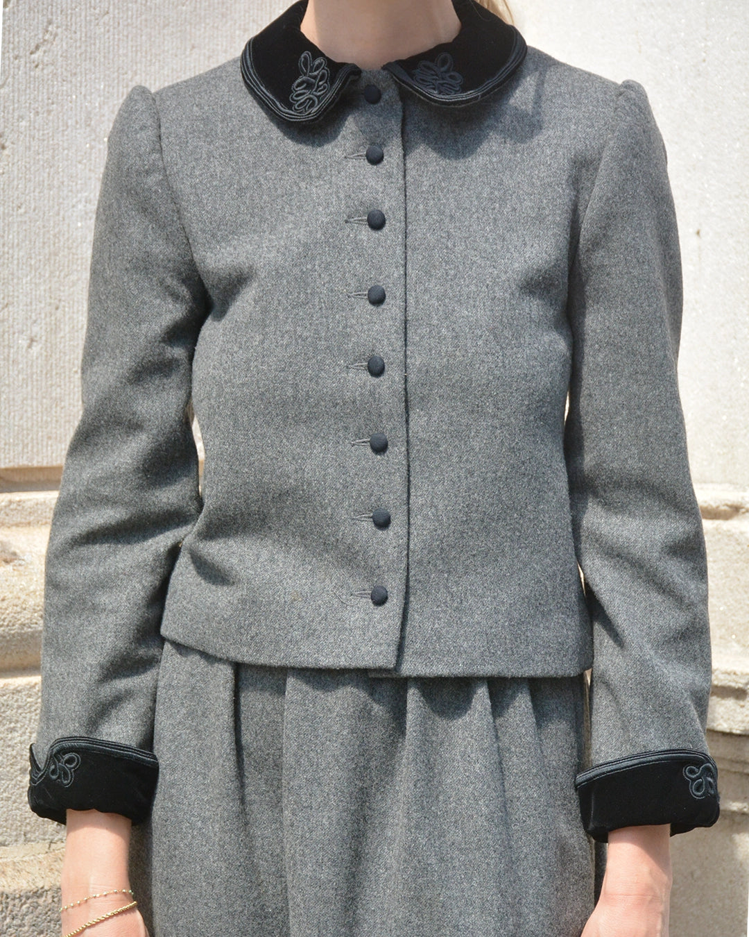 Vintage Gloria Sachs Flannel Wool Velvet-Trimmed Skirt Set