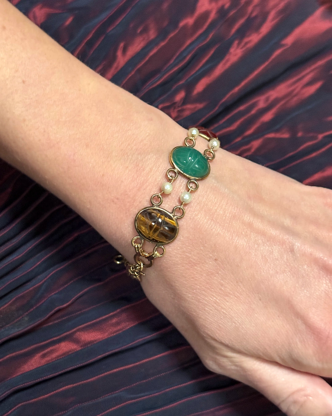 Vintage Gold Semi-Precious Stone Scarab Bracelet