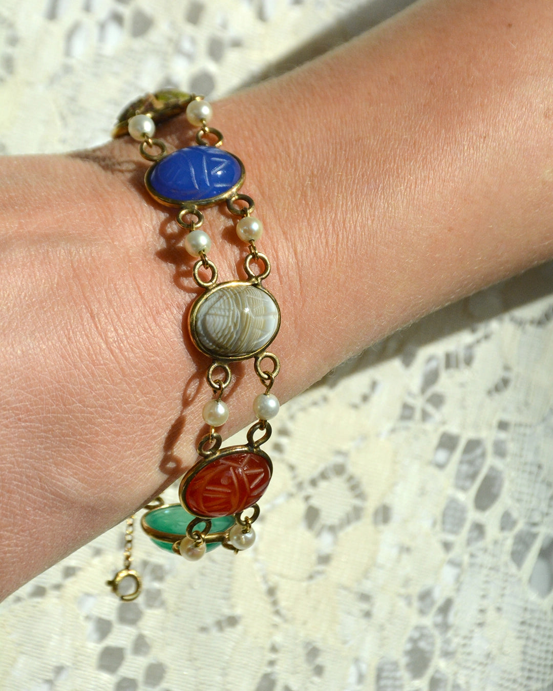 Vintage Gold Semi-Precious Stone Scarab Bracelet