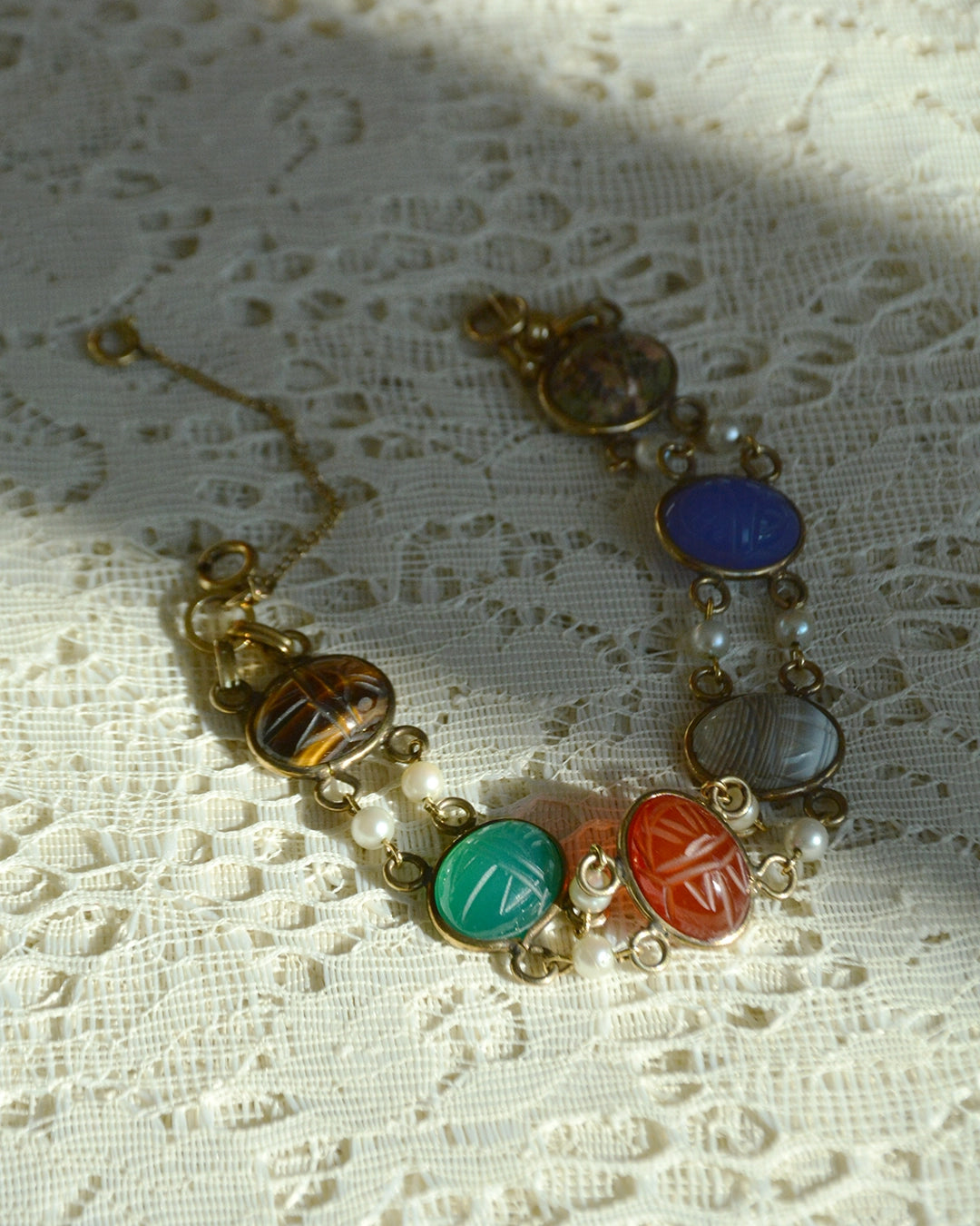Vintage Gold Semi-Precious Stone Scarab Bracelet