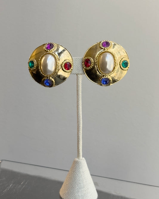 Vintage Gripoix-Style Gold, Pearl, and Colored Stone Earrings