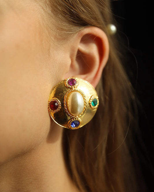 Vintage Gripoix-Style Gold, Pearl, and Colored Stone Earrings