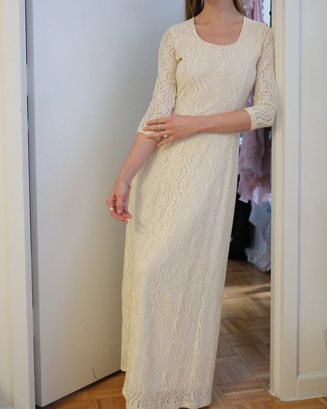 Vintage Ivory Lace Long Sleeve Princess Cut Column Dress