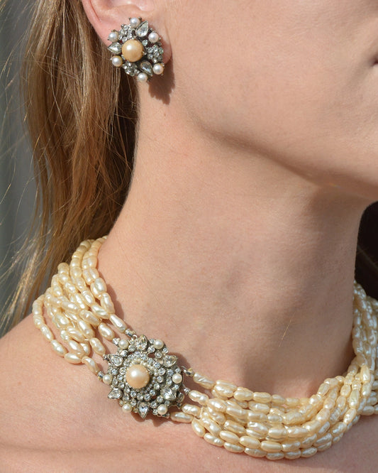 Vintage Jolie Gabor Pearl and Crystal Necklace + Earrings Parure