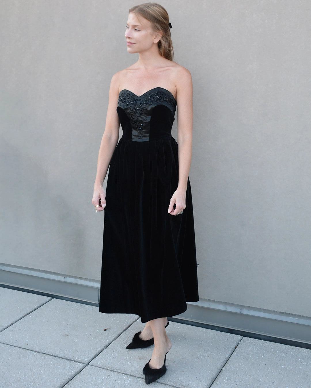 Vintage Laura Ashley Velvet Corset-Bodice Embellished Dress