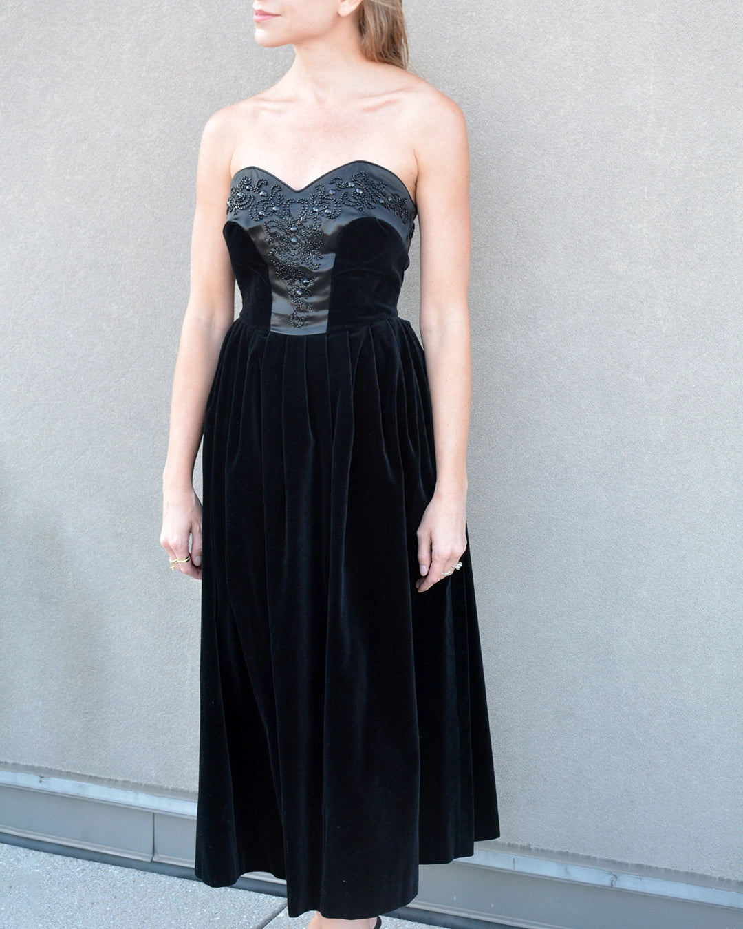 Vintage Laura Ashley Velvet Corset-Bodice Embellished Dress