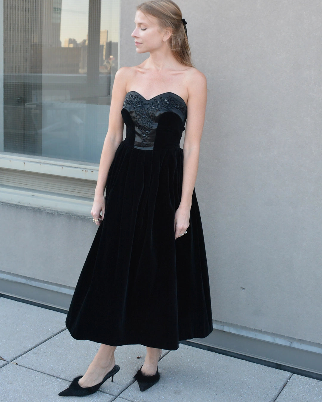 Vintage Laura Ashley Velvet Corset-Bodice Embellished Dress