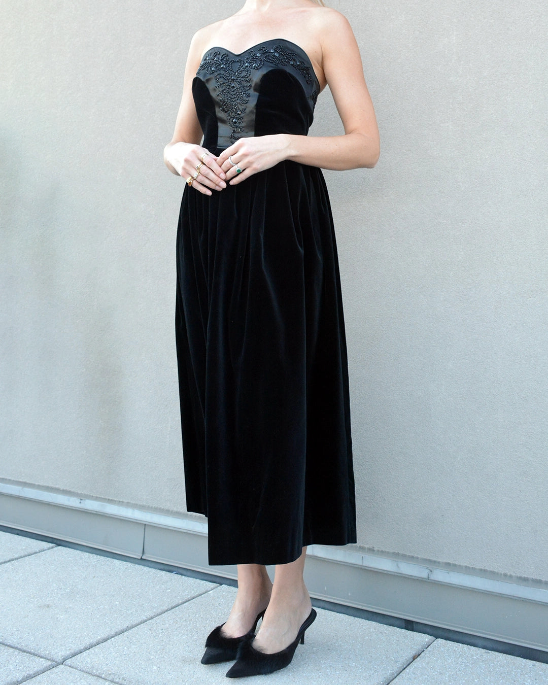 Vintage Laura Ashley Velvet Corset-Bodice Embellished Dress