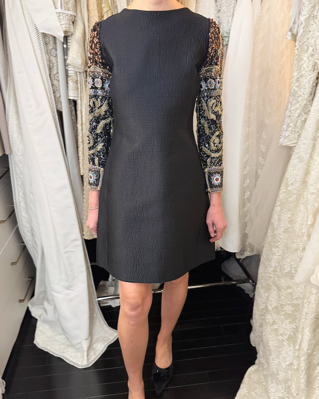Vintage Mary McFadden Quilted Silk Dress with Embellished Sleeves