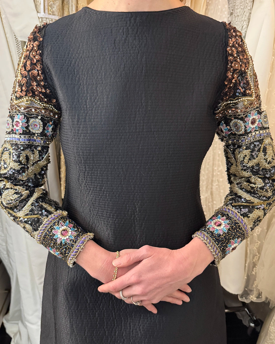 Vintage Mary McFadden Quilted Silk Dress with Embellished Sleeves