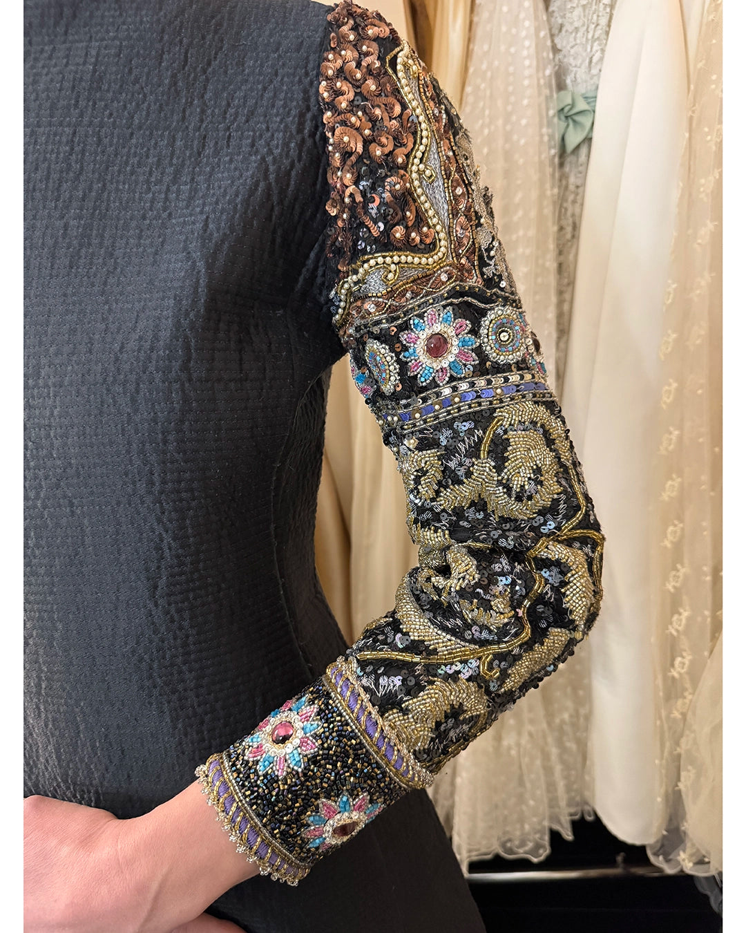 Vintage Mary McFadden Quilted Silk Dress with Embellished Sleeves