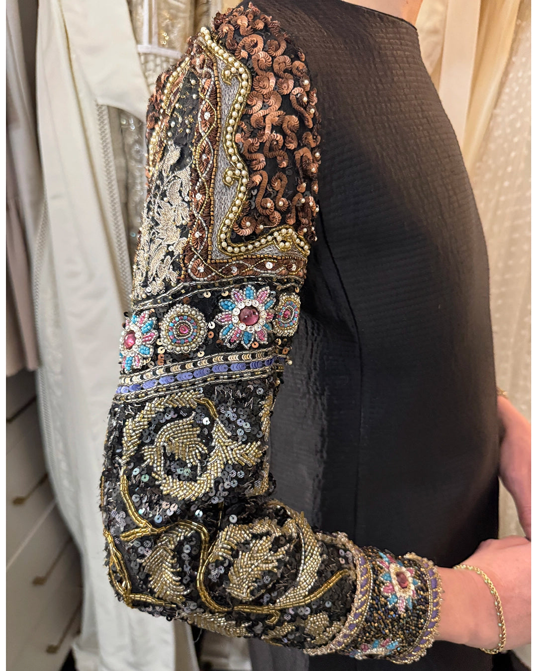 Vintage Mary McFadden Quilted Silk Dress with Embellished Sleeves