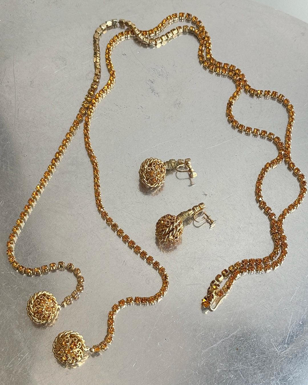 Vintage Midcentury Citron Crystal Wrap Necklace Demi-Parure with Matching Drop Earrings