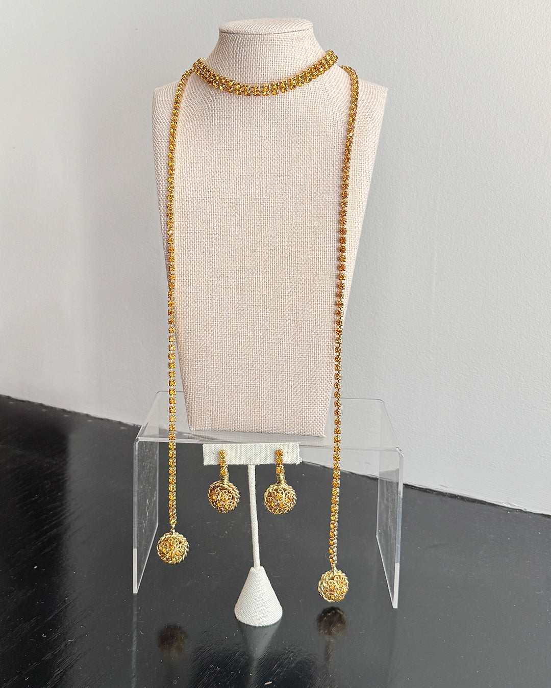 Vintage Midcentury Citron Crystal Wrap Necklace Demi-Parure with Matching Drop Earrings