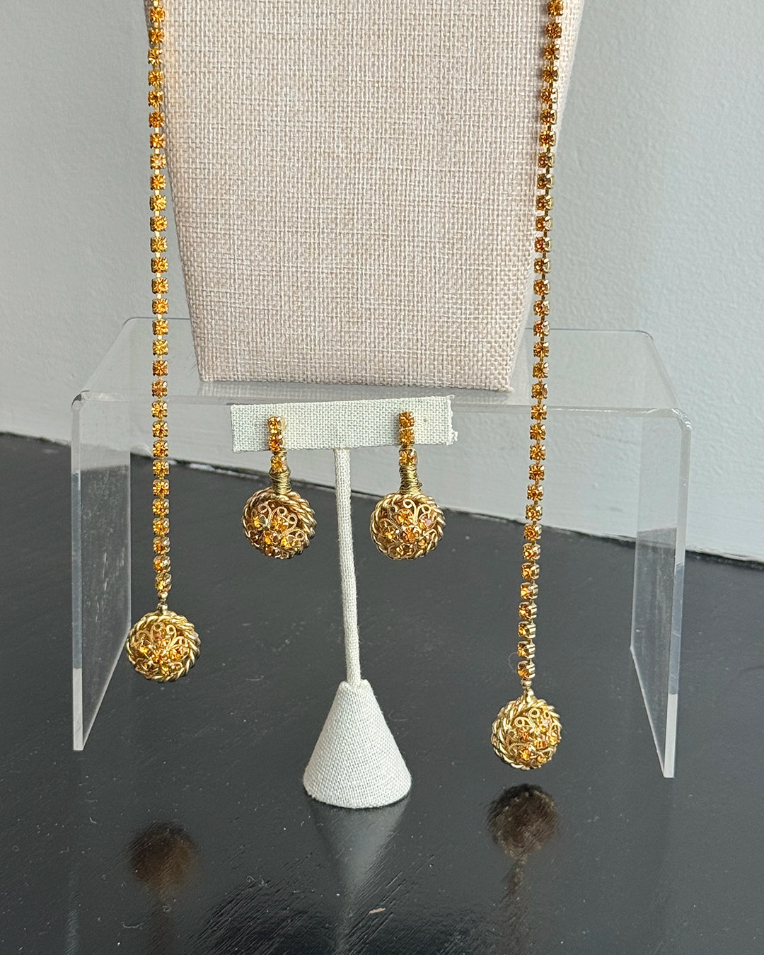Vintage Midcentury Citron Crystal Wrap Necklace Demi-Parure with Matching Drop Earrings