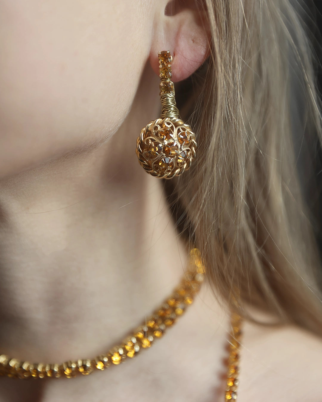 Vintage Midcentury Citron Crystal Wrap Necklace Demi-Parure with Matching Drop Earrings