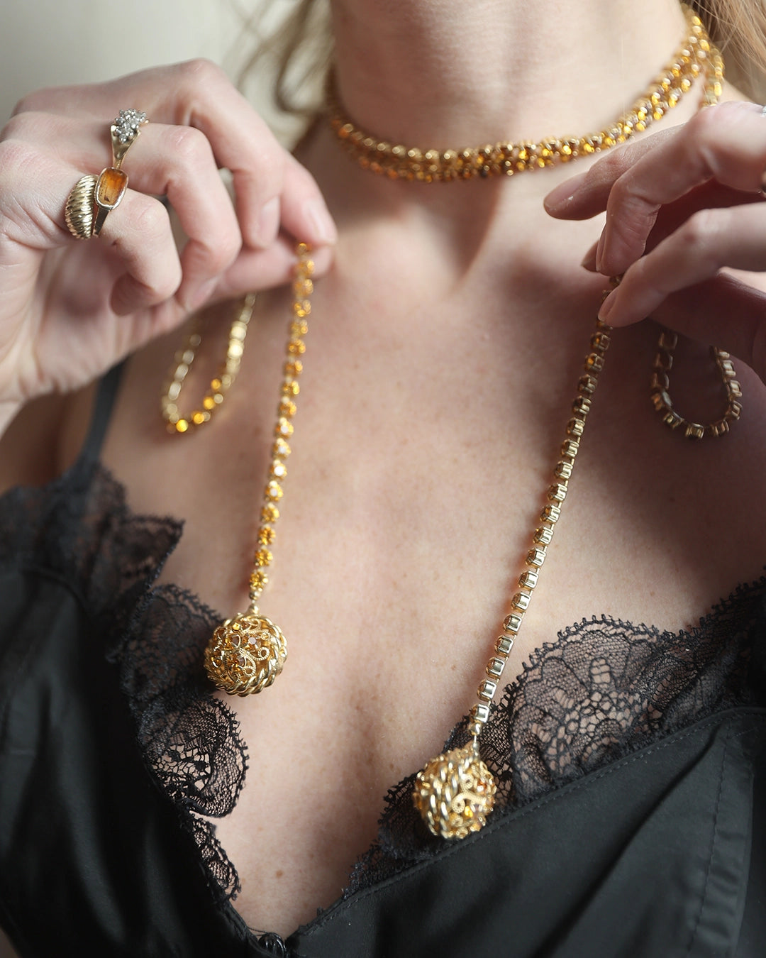 Vintage Midcentury Citron Crystal Wrap Necklace Demi-Parure with Matching Drop Earrings