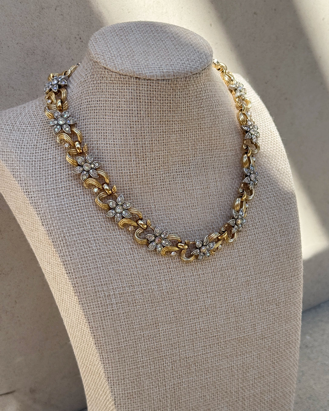Vintage Midcentury Trifari Gold and Crystal Floral Demi-Parure, Necklace and Bracelet