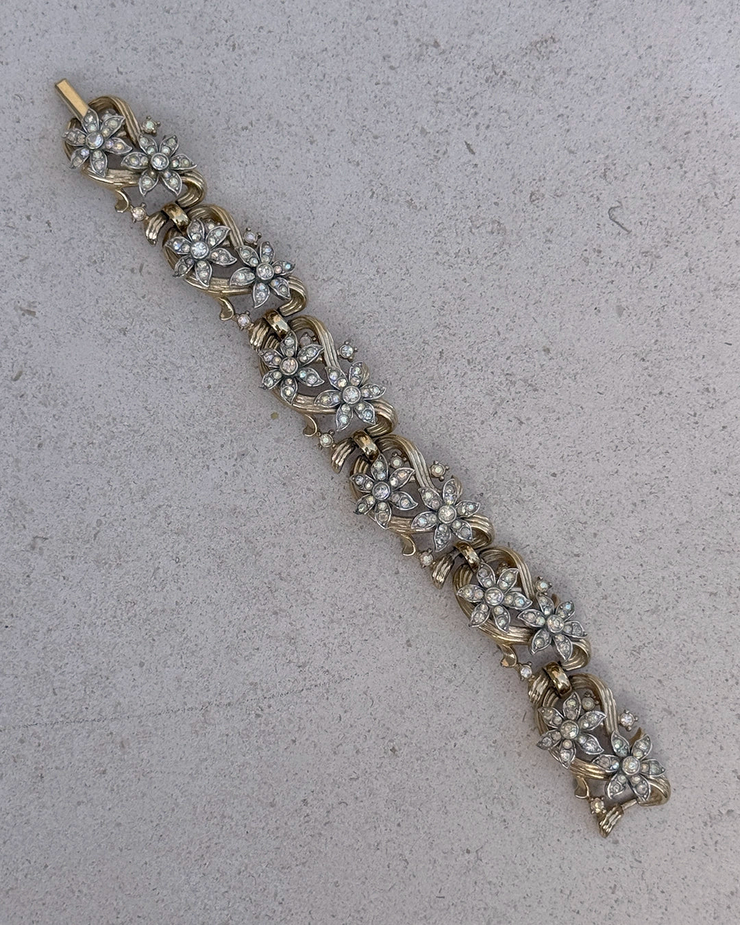 Vintage Midcentury Trifari Gold and Crystal Floral Demi-Parure, Necklace and Bracelet