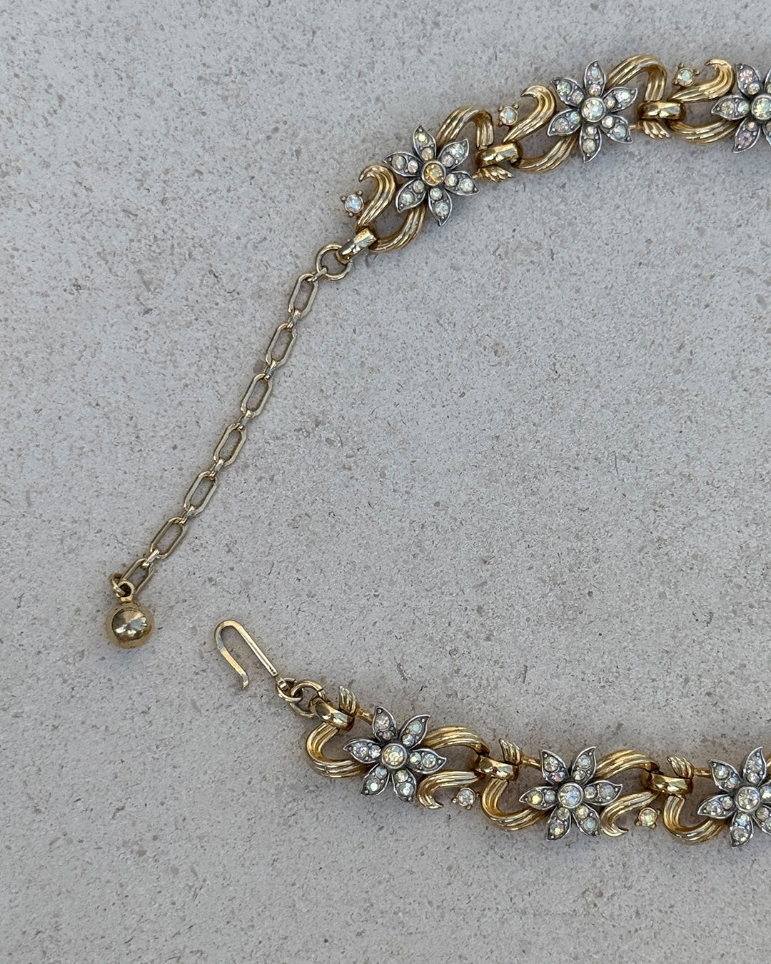 Vintage Midcentury Trifari Gold and Crystal Floral Demi-Parure, Necklace and Bracelet