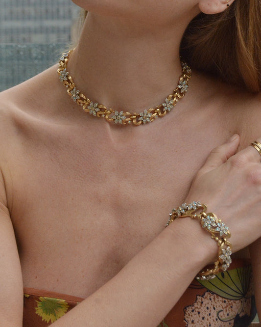 Vintage Midcentury Trifari Gold and Crystal Floral Demi-Parure, Necklace and Bracelet