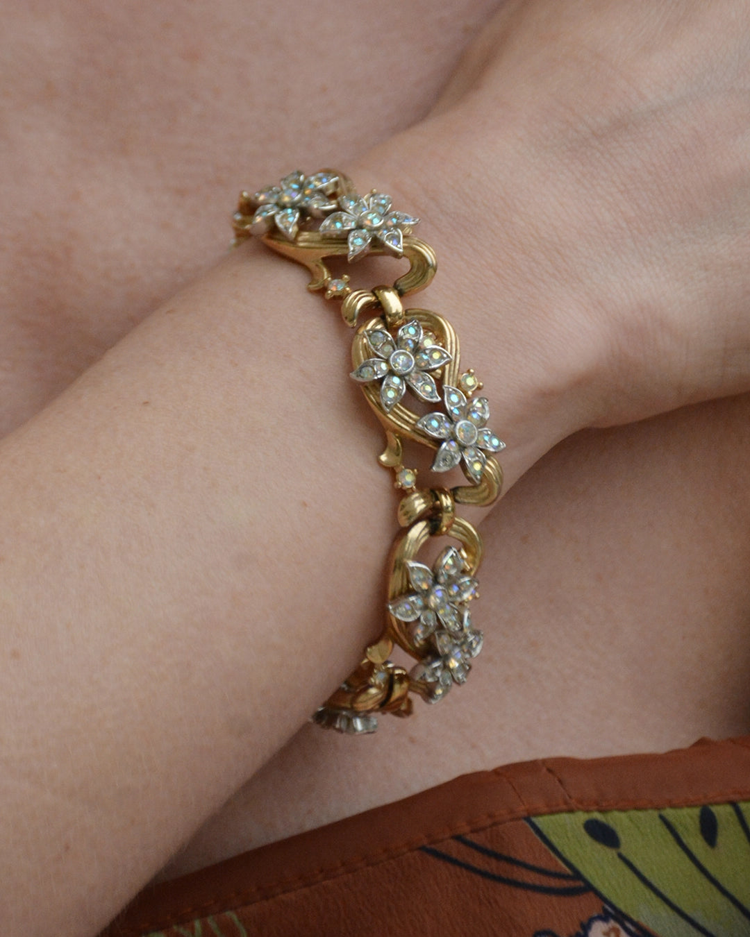 Vintage Midcentury Trifari Gold and Crystal Floral Demi-Parure, Necklace and Bracelet
