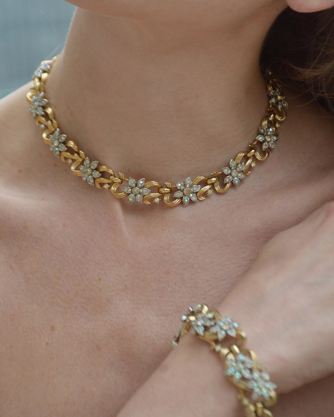 Vintage Midcentury Trifari Gold and Crystal Floral Demi-Parure, Necklace and Bracelet
