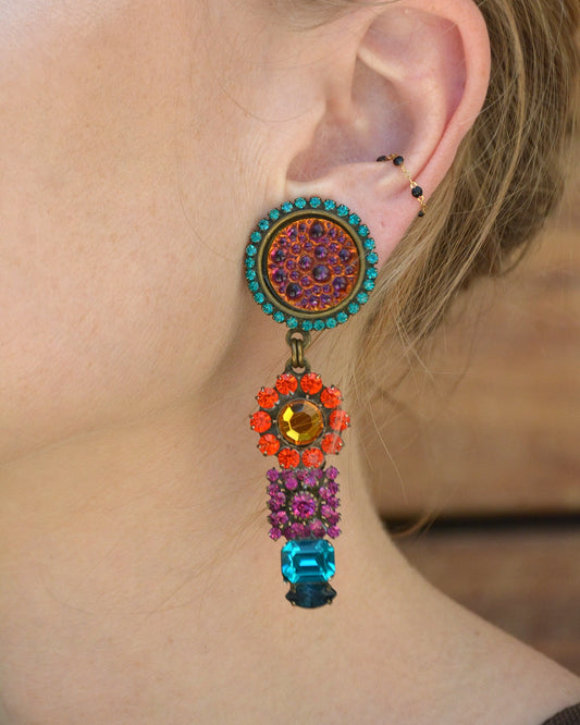 Vintage Multicolor Crystal Pendant Earrings with Stained Glass Effect