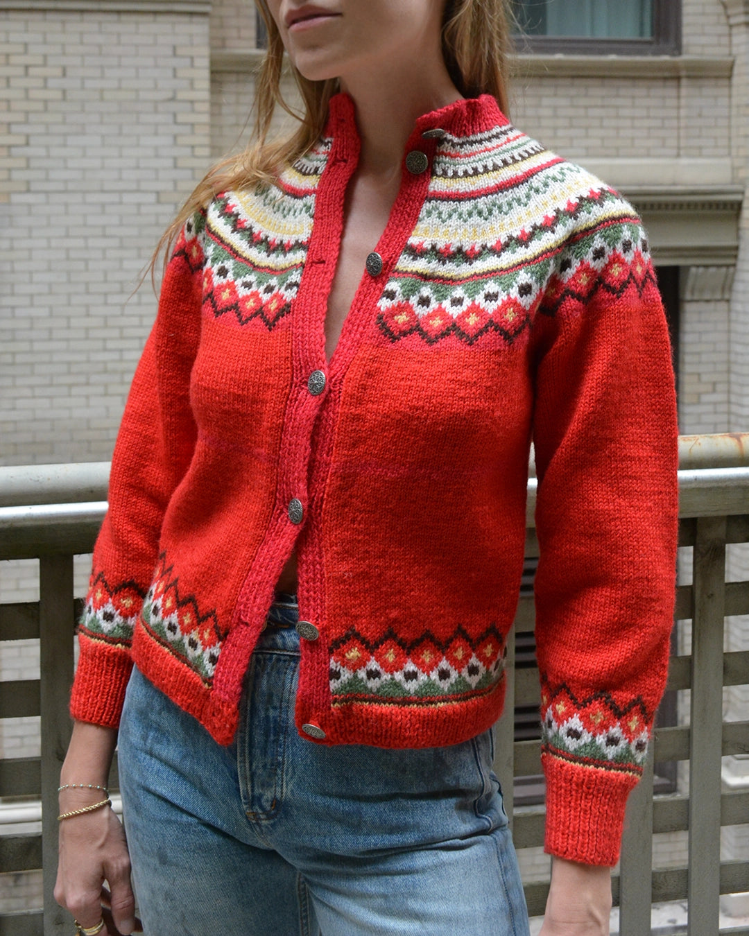 Vintage Norwegian Fair Isle Hand-Knit Wool Cardigan