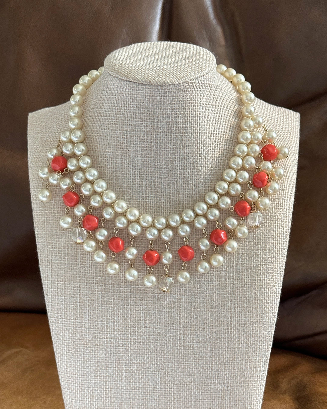 Vintage Pearl and Coral Cascade Fringe Choker Necklace