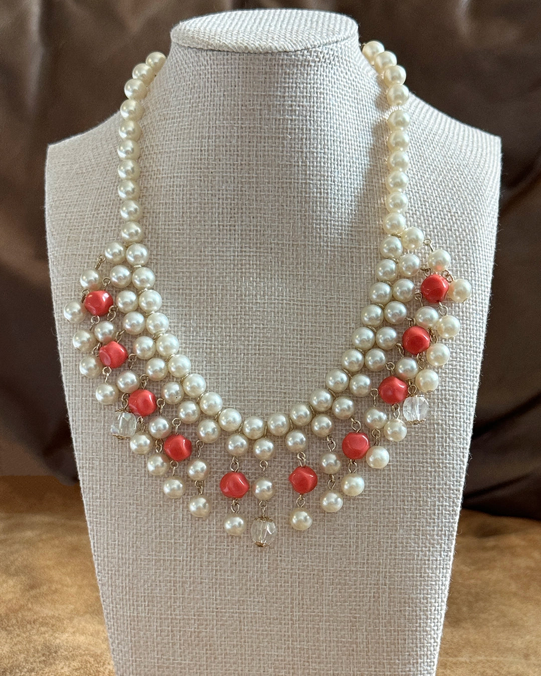 Vintage Pearl and Coral Cascade Fringe Choker Necklace