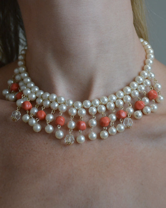 Vintage Pearl and Coral Cascade Fringe Choker Necklace