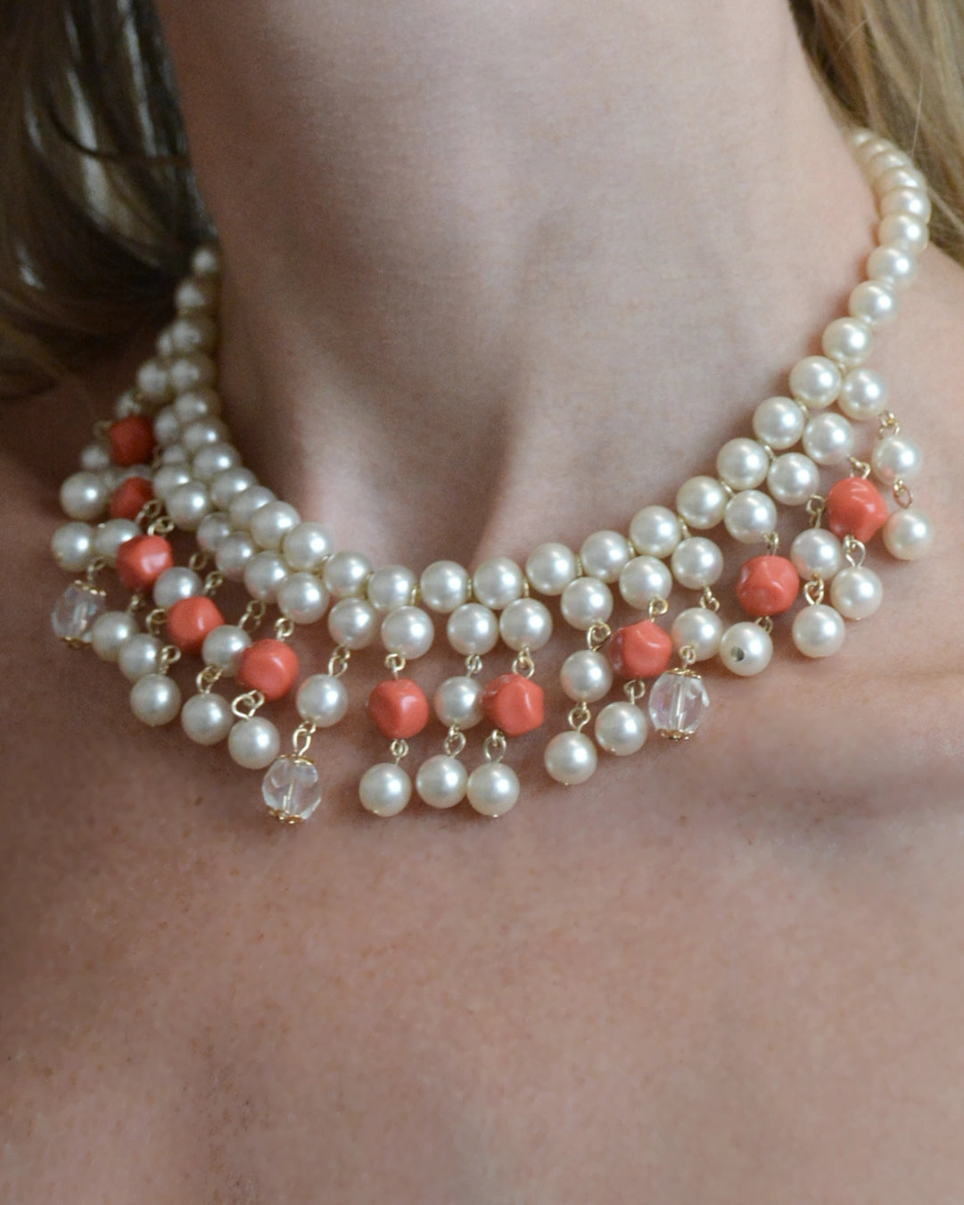 Vintage Pearl and Coral Cascade Fringe Choker Necklace