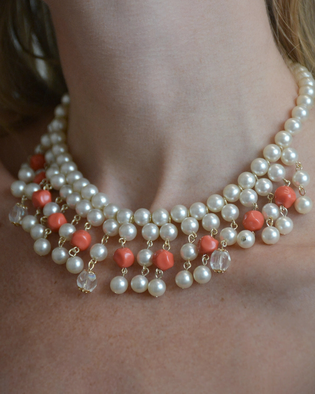 Vintage Pearl and Coral Cascade Fringe Choker Necklace