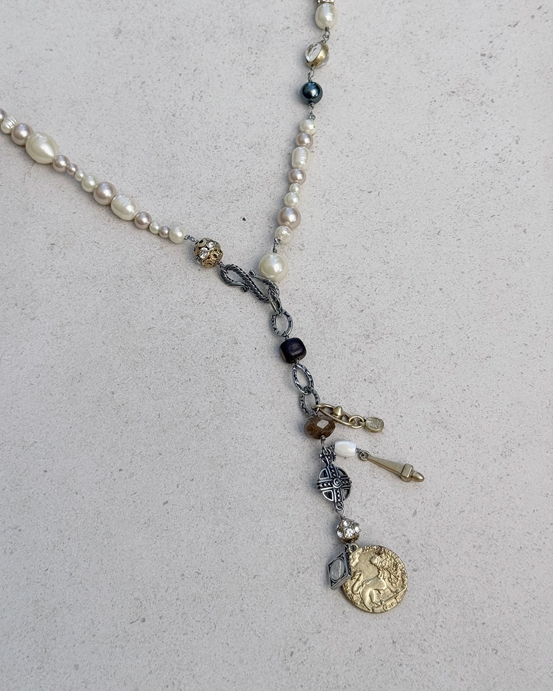 Vintage Pearl and Mixed-Metal Charm Lariat Necklace