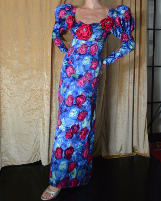 Vintage Puff Sleeve Flocked Floral Gown with Flower Appliqué