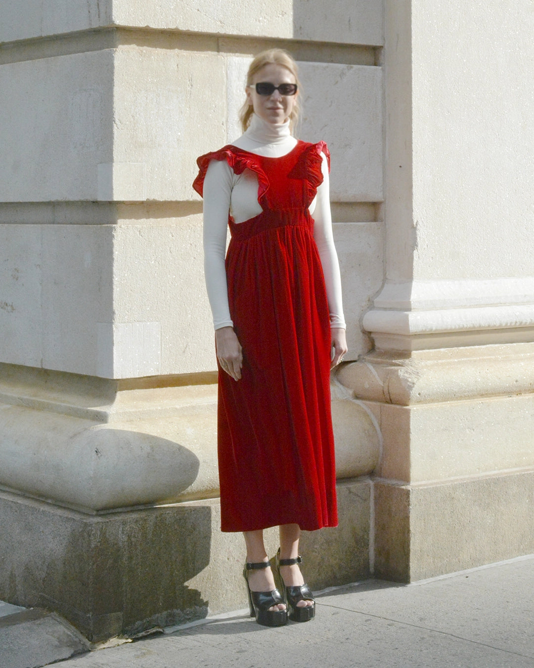 red pinafore dress Frilly Bow Pinafore Dress (Red) S