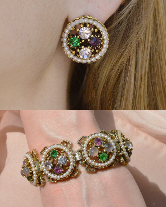 Vintage Seed Pearl and Crystal Demi-Parure, Earrings and Bracelet