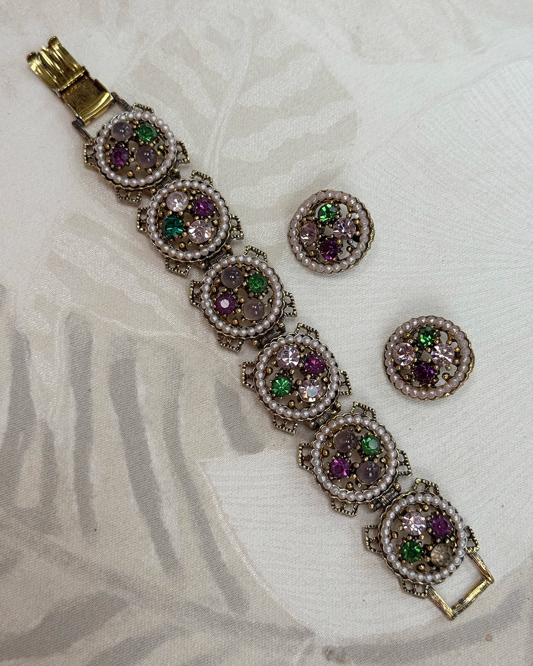 Vintage Seed Pearl and Crystal Demi-Parure, Earrings and Bracelet