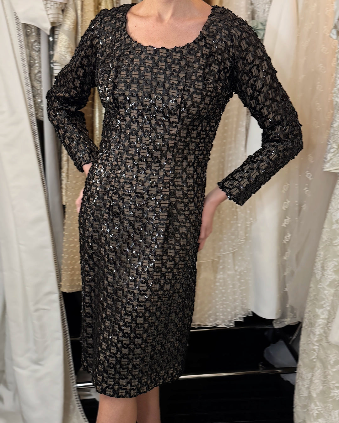 Vintage Sequin-Embellished Long Sleeve Sheath Dress
