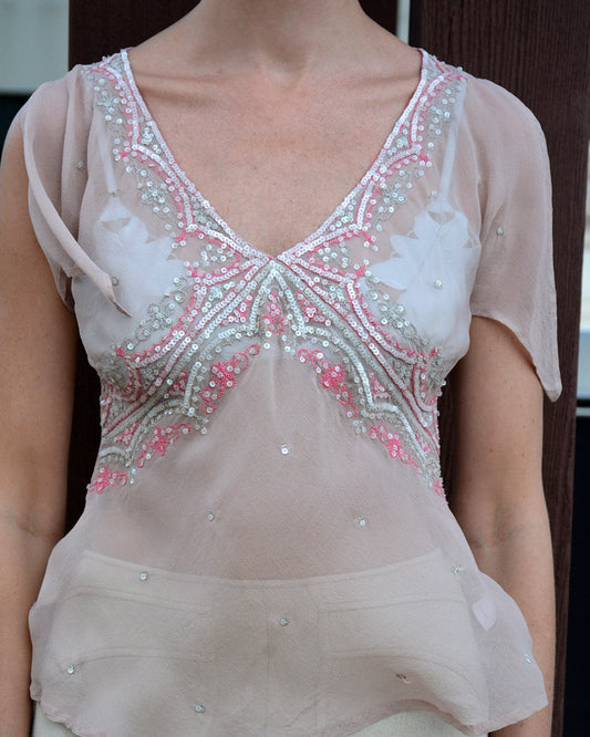Vintage Y2K Silk Chiffon Embellished Butterfly Sleeve Top
