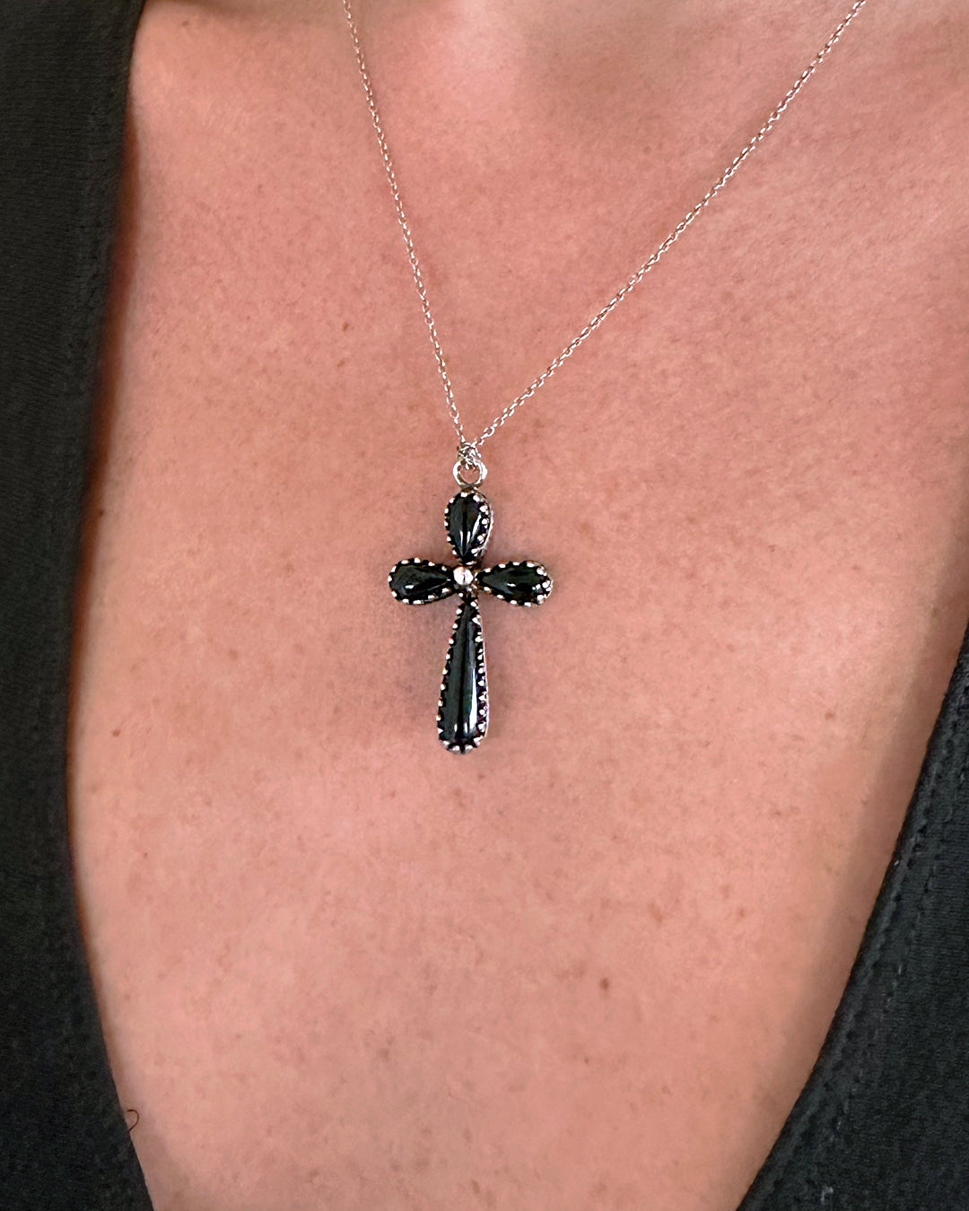 Forever Blessed And Protected Religious Cross Pendant Necklace With 18K  Gold Ion-Plated Accents Inlaid With Black Onyx And Hand Set With 5 Diamonds