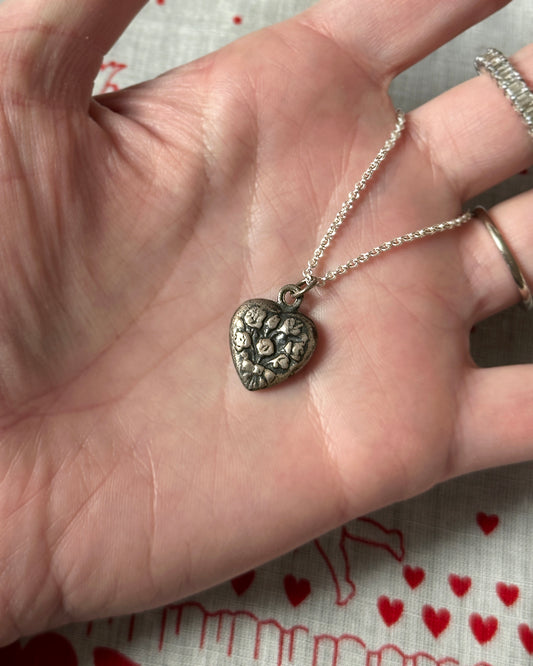 Antique Victorian Sterling Silver Floral Heart Pendant