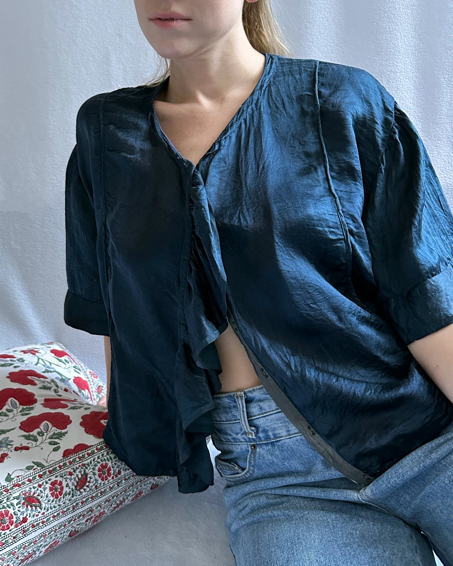 Very Breezy Antique 1920s Navy Blue Silk Blouse