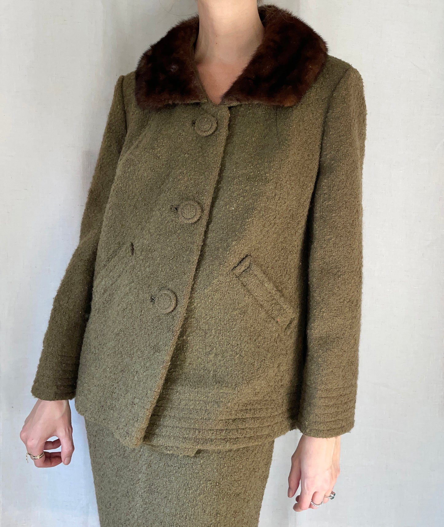 1960s BETTY ROSE SKIRT SUIT WITH MINK TRIM | M-L